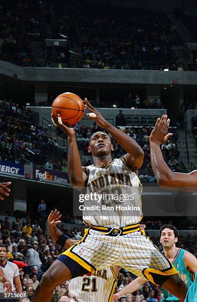 Ron Artest of the Indiana Pacers puts a shot up during the game against the New Orleans Hornets at Conseco Fieldhouse on December 28, 2002 in...