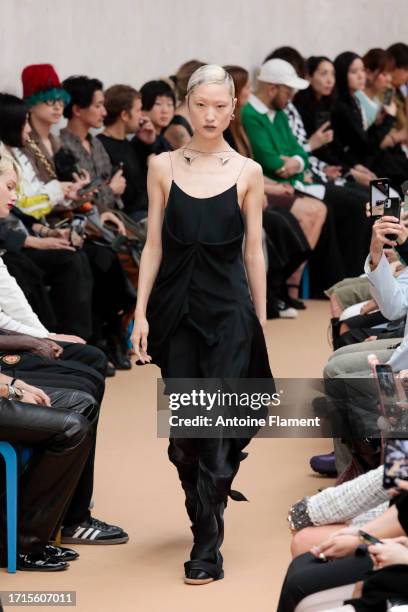 Model walks the runway during the Kiko Kostadinov Womenswear Spring/Summer 2024 show as part of Paris Fashion Week on October 03, 2023 in Paris,...