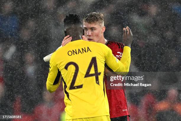 Andre Onana and Rasmus Hojlund of Manchester United look dejected following the team's defeat during the UEFA Champions League match between...