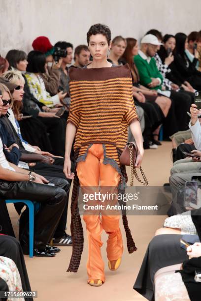 Model walks the runway during the Kiko Kostadinov Womenswear Spring/Summer 2024 show as part of Paris Fashion Week on October 03, 2023 in Paris,...