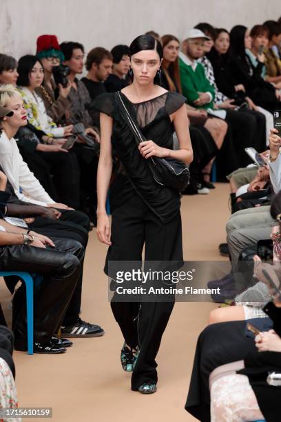 Model walks the runway during the Kiko Kostadinov Womenswear Spring/Summer 2024 show as part of Paris Fashion Week on October 03, 2023 in Paris,...