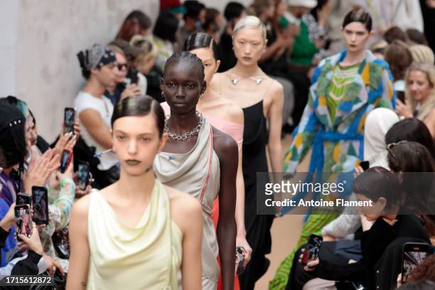 Models walk the runway during the Kiko Kostadinov Womenswear Spring/Summer 2024 show as part of Paris Fashion Week on October 03, 2023 in Paris,...