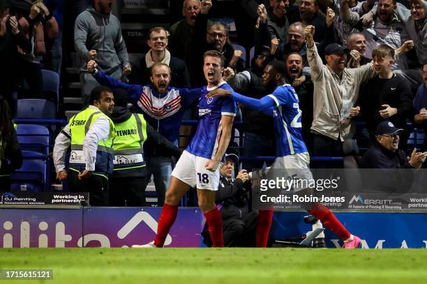 Conor Shaughnessy of Portsmouth FC heads celebrates after he scores a goal to make it 2-1 during the Sky Bet League One match between Portsmouth and...