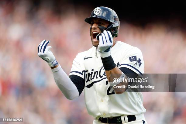 Royce Lewis of the Minnesota Twins celebrates after hitting a two run home run against Kevin Gausman of the Toronto Blue Jays during the first inning...