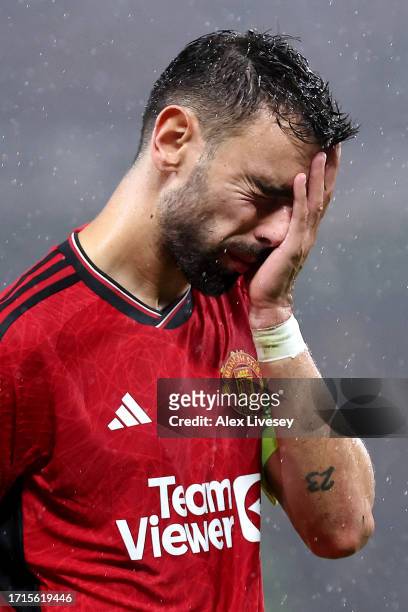 Bruno Fernandes of Manchester United looks dejected following the team's defeat during the UEFA Champions League match between Manchester United and...