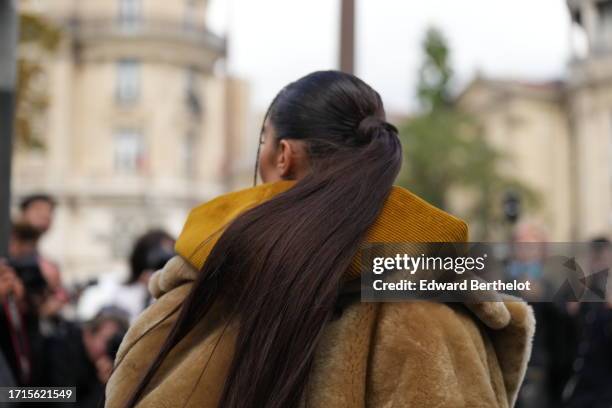 Close-up view of a ponytail , outside Miu Miu, during the Womenswear Spring/Summer 2024 as part of Paris Fashion Week on October 03, 2023 in Paris,...