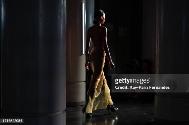 Model rehearses prior to the Avellano Womenswear Spring/Summer 2024 show as part of Paris Fashion Week on October 03, 2023 in Paris, France.