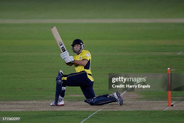 Neil McKenzie of Hampshire hits out during the Friends Life T20 match between Hampshire and Surrey at the Ageas Bowl on June 26, 2013 in Southampton,...