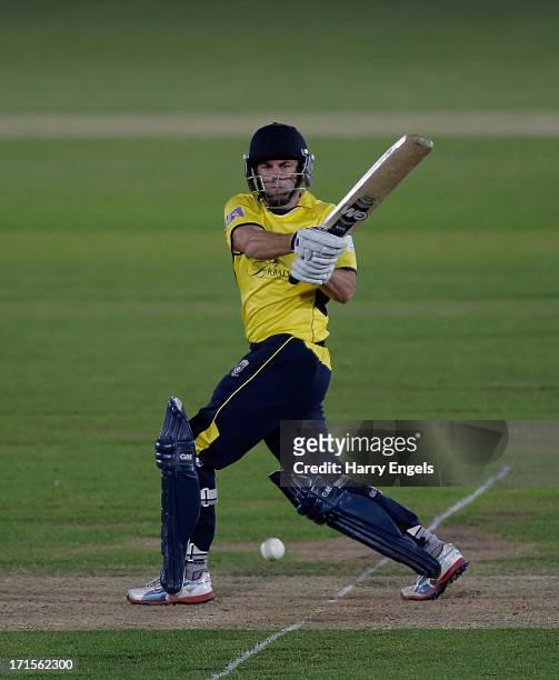 Neil McKenzie of Hampshire hits out during the Friends Life T20 match between Hampshire and Surrey at the Ageas Bowl on June 26, 2013 in Southampton,...