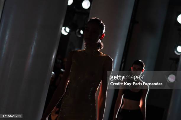 Models rehearse prior to the Avellano Womenswear Spring/Summer 2024 show as part of Paris Fashion Week on October 03, 2023 in Paris, France.