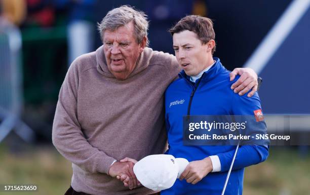 Johann Rupert, Chairman of Richemont, and Matt Fitzpatrick shake hands on the 18th green during the final round of the Alfred Dunhill Links...