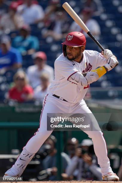 Dominic Smith of the Washington Nationals bats against the Chicago White Sox during the first inning at Nationals Park on September 20, 2023 in...