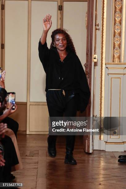 Fashion designer Francesca Dumi greets the audience at the end of the Torisheju Womenswear Spring/Summer 2024 show as part of Paris Fashion Week on...