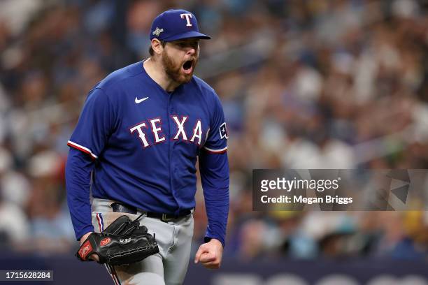Jordan Montgomery of the Texas Rangers reacts at the end of the seventh inning against the Tampa Bay Rays during Game One of the Wild Card Series at...