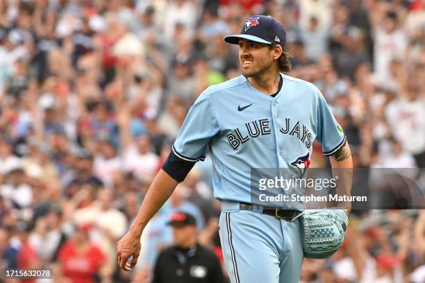 Kevin Gausman of the Toronto Blue Jays reacts after giving up a two run home run against the Minnesota Twins during the first inning in Game One of...