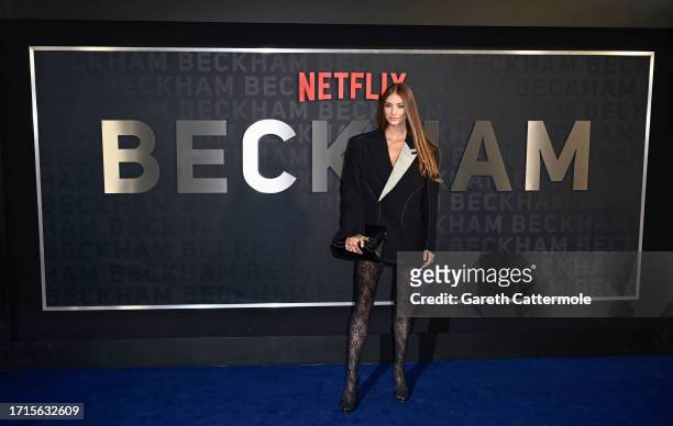 Lorena Rae attends the Netflix 'Beckham' UK Premiere at The Curzon Mayfair on October 03, 2023 in London, England.