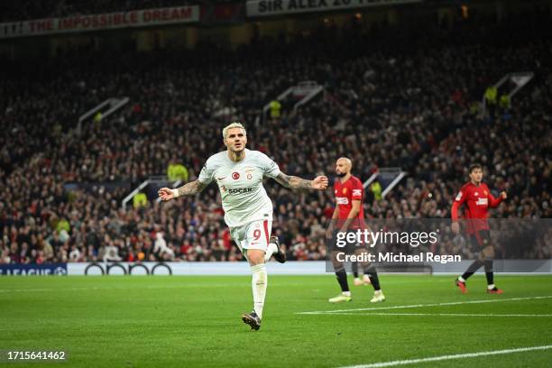 Mauro Icardi of Galatasaray S.k celebrates after scoring the team's third goal during the UEFA Champions League match between Manchester United and...