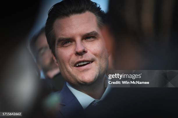 Rep. Matt Gaetz answers questions outside the U.S. Capitol after successfully leading a vote to remove Rep. Kevin McCarthy from the office of Speaker...