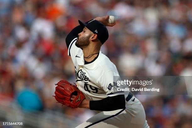Pablo Lopez of the Minnesota Twins throws a pitch against the Toronto Blue Jays during the second inning in Game One of the Wild Card Series at...