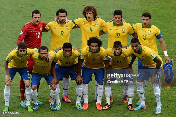 Brazil's team poses for pictures before the start of their FIFA Confederations Cup Brazil 2013 semifinal football match against Uruguay, at the...