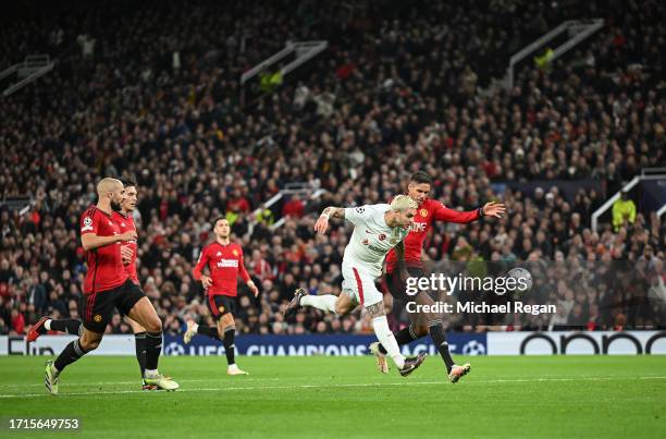 Mauro Icardi of Galatasaray S.k scores the team's third goal during the UEFA Champions League match between Manchester United and Galatasaray A.S at...