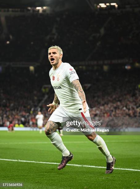 Mauro Icardi of Galatasaray AS celebrates after scoring the team's third goal during the UEFA Champions League match between Manchester United and...