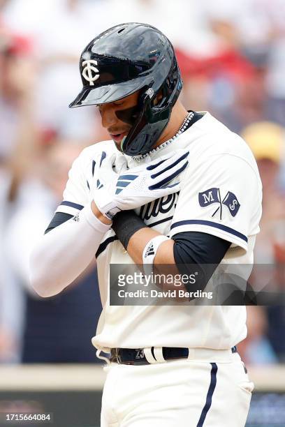 Royce Lewis of the Minnesota Twins celebrates after hitting a solo home run against Kevin Gausman of the Toronto Blue Jays in Game One of the Wild...