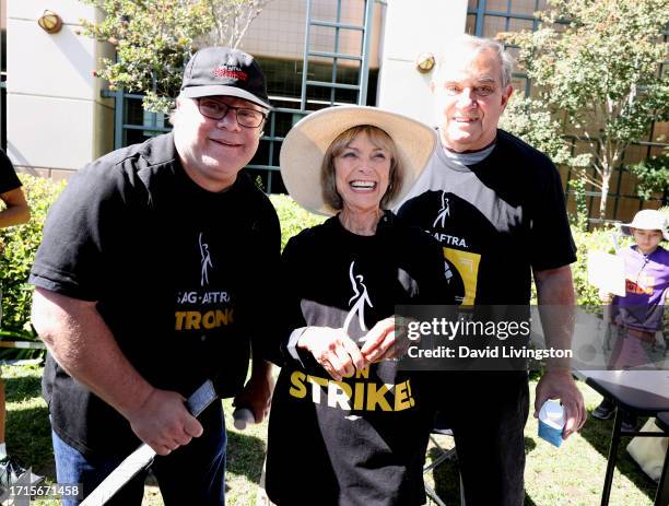 Sean Astin, Patty McCormack and Dan Lauria join the picket line outside Warner Bros. Studios on October 03, 2023 in Burbank, California. The WGA has...