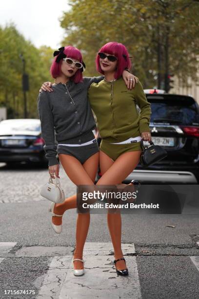 Ami and Aya are seen. A guest wears sunglasses, a gray cardigan, gray wool underwear, a white bag, white shoes; a guest wears sunglasses, a green...