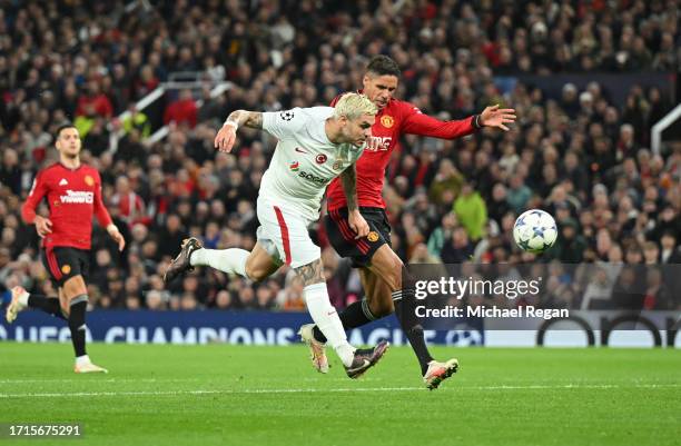 Mauro Icardi of Galatasaray S.k scores the team's third goal during the UEFA Champions League match between Manchester United and Galatasaray A.S at...