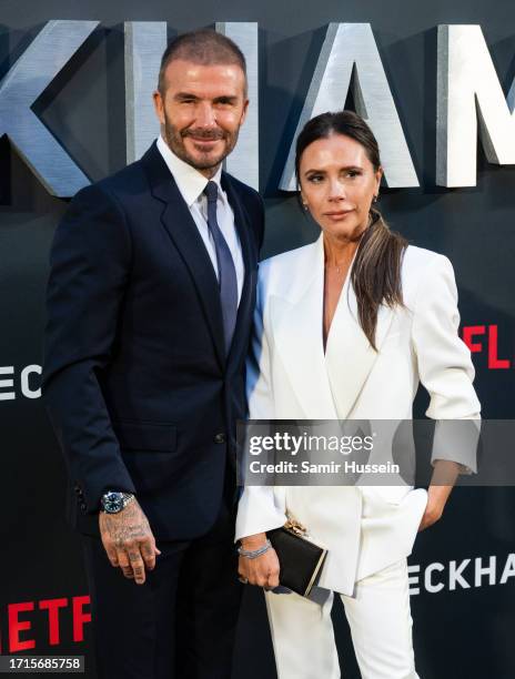 David Beckham and Victoria Beckham attend the Netflix 'Beckham' UK Premiere at The Curzon Mayfair on October 03, 2023 in London, England.