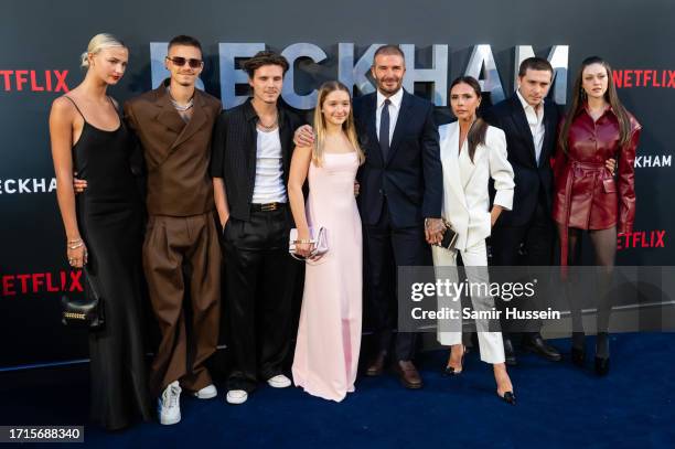 Mia Regan, Romeo Beckham, Cruz Beckham, Harper Beckham, David Beckham, Victoria Beckham, Brooklyn Beckham and Nicola Peltz attend the Netflix...