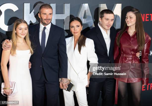 Harper Beckham, David Beckham, Victoria Beckham, Brooklyn Beckham and Nicola Peltz attend the Netflix 'Beckham' UK Premiere at The Curzon Mayfair on...