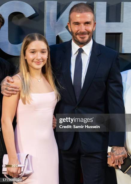 Harper Beckham and David Beckham attend the Netflix 'Beckham' UK Premiere at The Curzon Mayfair on October 03, 2023 in London, England.