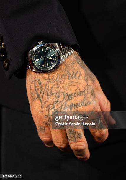 David Beckham, watch and tattoo detail, attends the Netflix 'Beckham' UK Premiere at The Curzon Mayfair on October 03, 2023 in London, England.