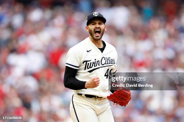 Pablo Lopez of the Minnesota Twins celebrates after striking out Brandon Belt of the Toronto Blue Jays during the fifth inning in Game One of the...