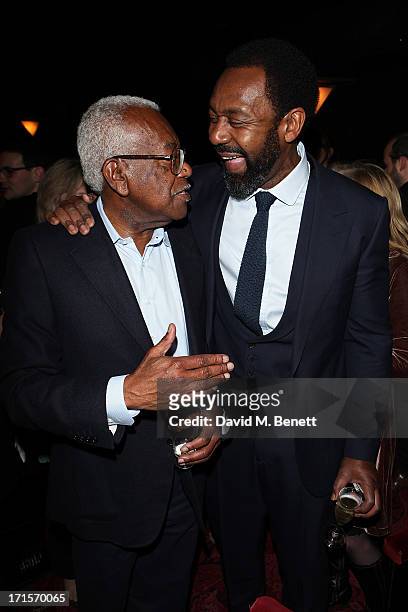 Sir Tevor McDonald meets actor Lenny Henry following his performance on press night of 'Fences' at the Duchess Theatre on June 26, 2013 in London,...