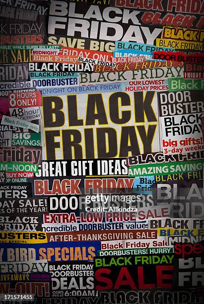 colorful black friday newspaper collage - black friday sale stock pictures, royalty-free photos & images