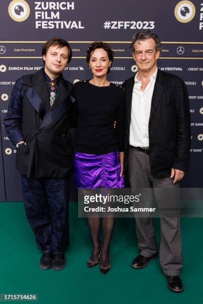 Adrien Savigny, Jeanne Balibar and Thomas Sarbacher attend the photocall of "LAISSEZ-MOI" during the 19th Zurich Film Festival at Kino Corso on...