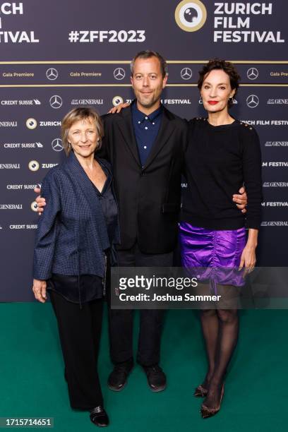 Gabriela Bussmann, Maxime Rappaz and Jeanne Balibar attend the photocall of "LAISSEZ-MOI" during the 19th Zurich Film Festival at Kino Corso on...