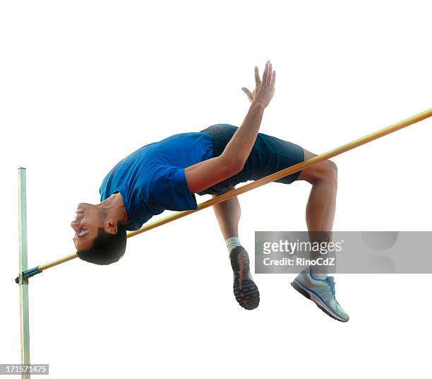 high jumper über die hürde, isoliert auf weiss - hochsprung stock-fotos und bilder