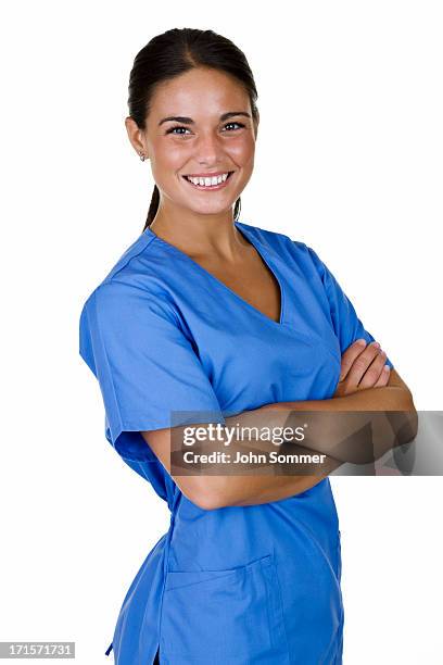 fröhlich medizinisches personal - nurse and portrait and white background and smiling and female and looking at camera stock-fotos und bilder