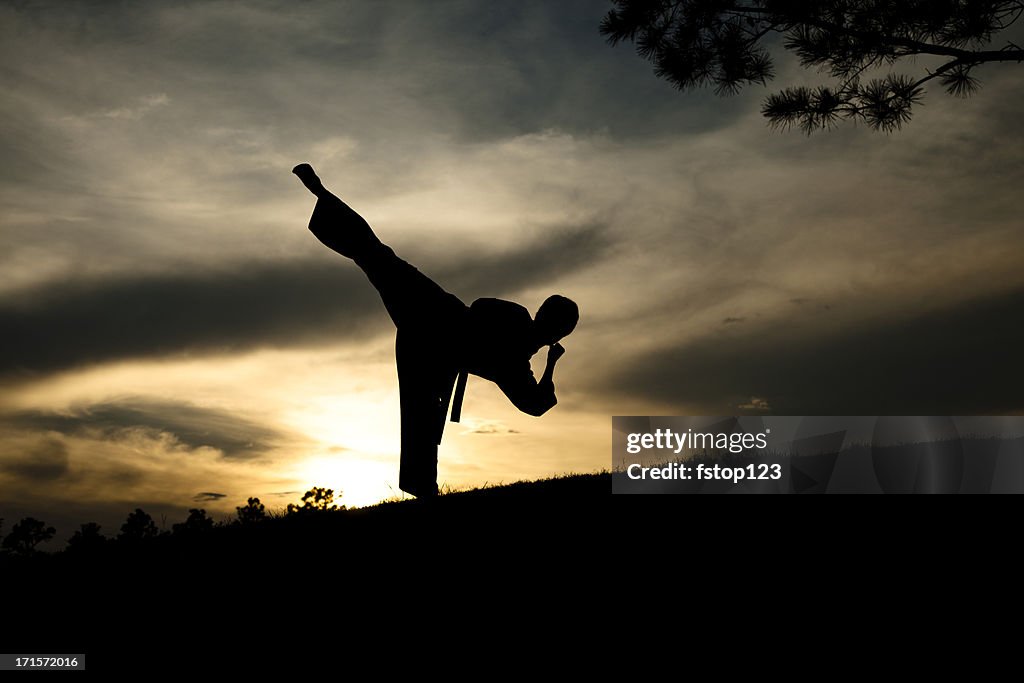 Frau silhouette, Übung Kampfsport karate.  Sonnenuntergang.  Im Freien.  Himmel.