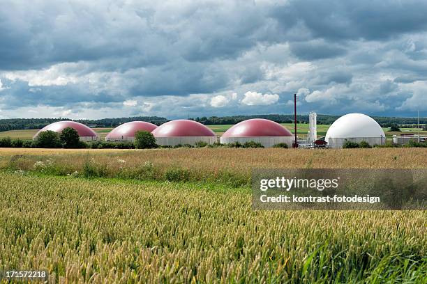 biomass energy plant under an approaching thunderstorm - renewable natural gas stock pictures, royalty-free photos & images