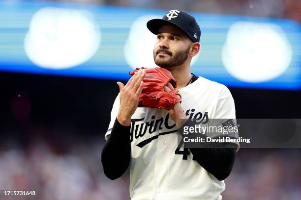 Pablo Lopez of the Minnesota Twins walks back to the dugout after being relieved against the Toronto Blue Jays during the sixth inning in Game One of...