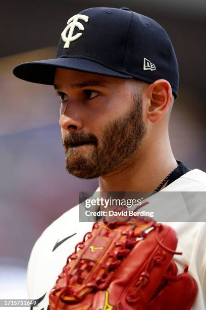 Pablo Lopez of the Minnesota Twins walks back to the dugout after being relieved against the Toronto Blue Jays during the sixth inning in Game One of...