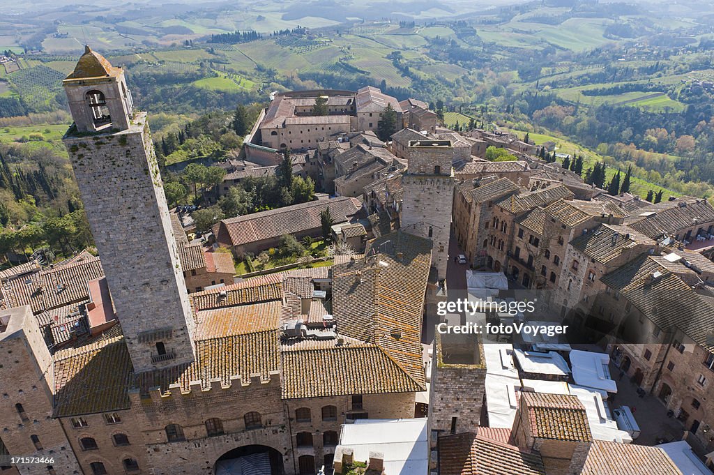 Tuscany aerial view over hilltop town towers San Gimignano Italy