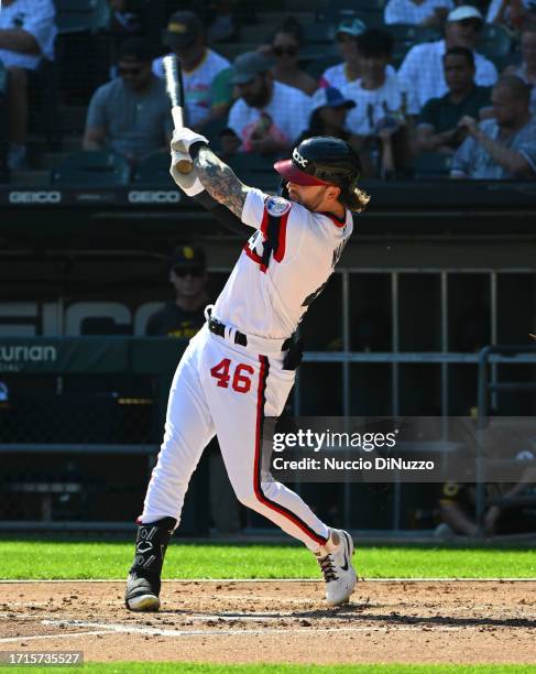Tyler Naquin of the Chicago White Sox bats against the San Diego Padres at Guaranteed Rate Field on October 01, 2023 in Chicago, Illinois.