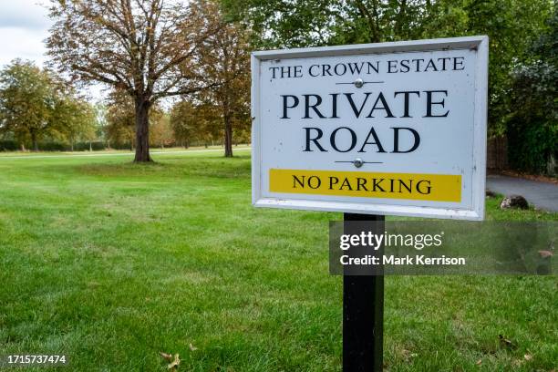 Crown Estate No Parking sign is pictured in Windsor Great Park on 5th October 2023 in Windsor, United Kingdom.