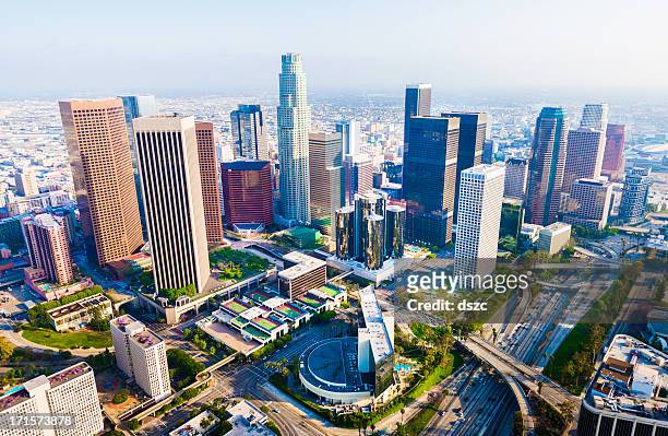 los angeles california downtown skyline skyscrapers cityscape panorama aerial view - downtown los angeles aerial stock pictures, royalty-free photos & images